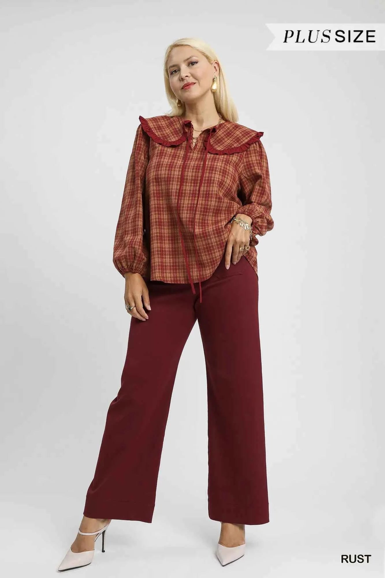 Umgee Full Size Plaid Ruffle Collar Blouse Plus Size