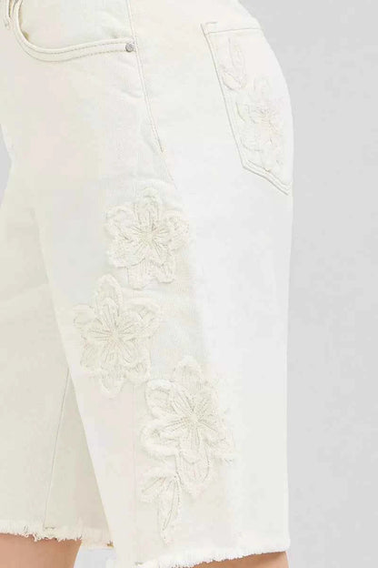 RISEN Slouchy Relaxed Floral Embroidered Bermuda Denim Shorts