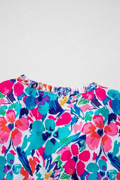 Mixed Floral Print Tie Neck Short Sleeve Dress
