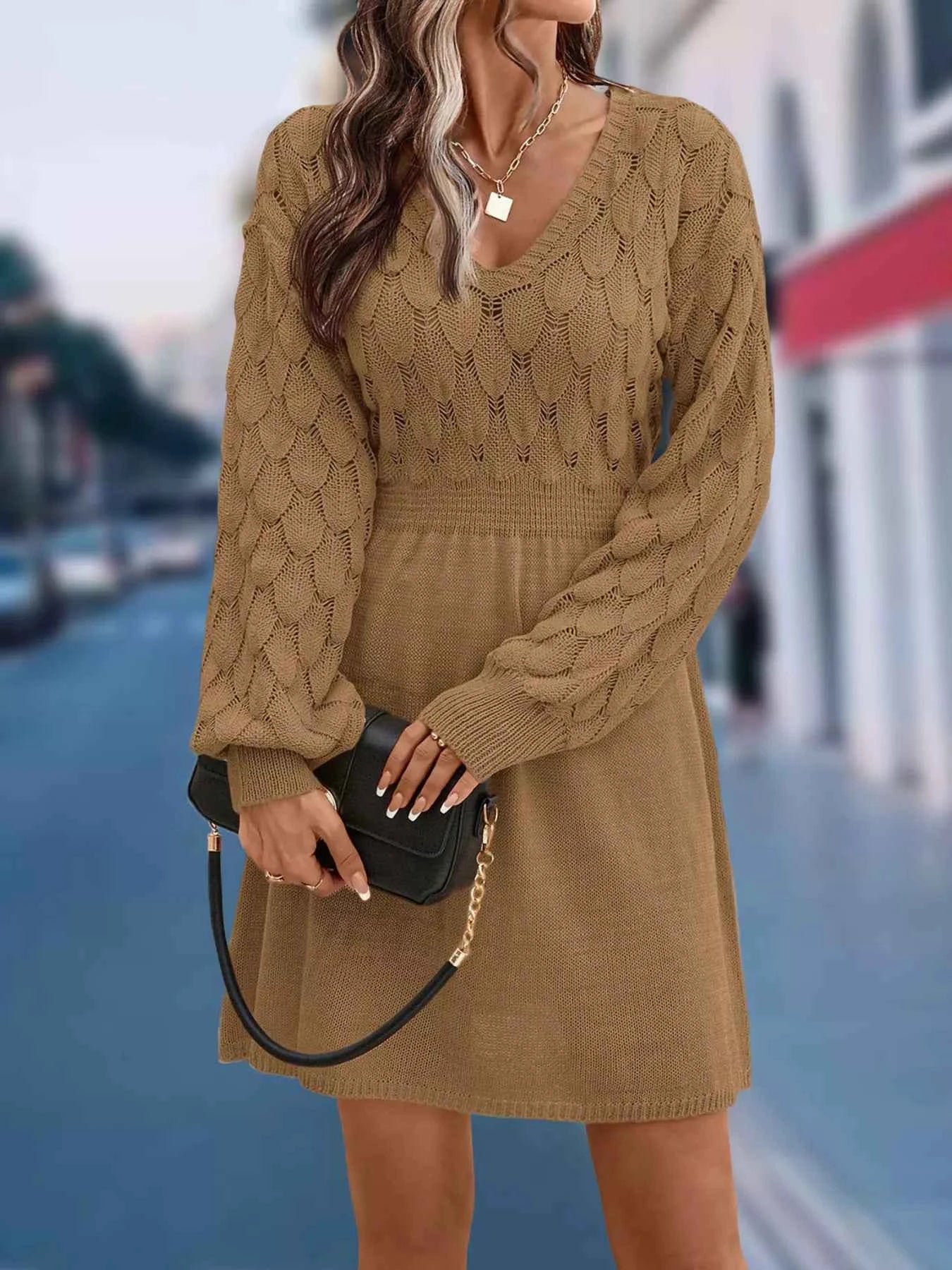 V-Neck Long Sleeve Sweater Dress
