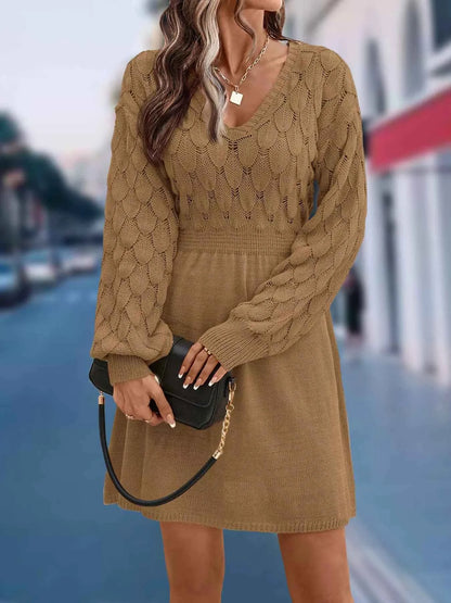 V-Neck Long Sleeve Sweater Dress