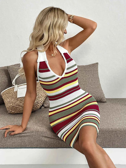 Multi-Color Striped Halter Neck Knit Sweater Dress