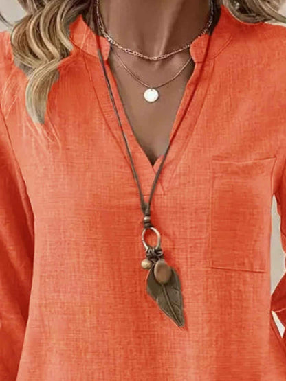 Notched Roll-Up Sleeve Blouse