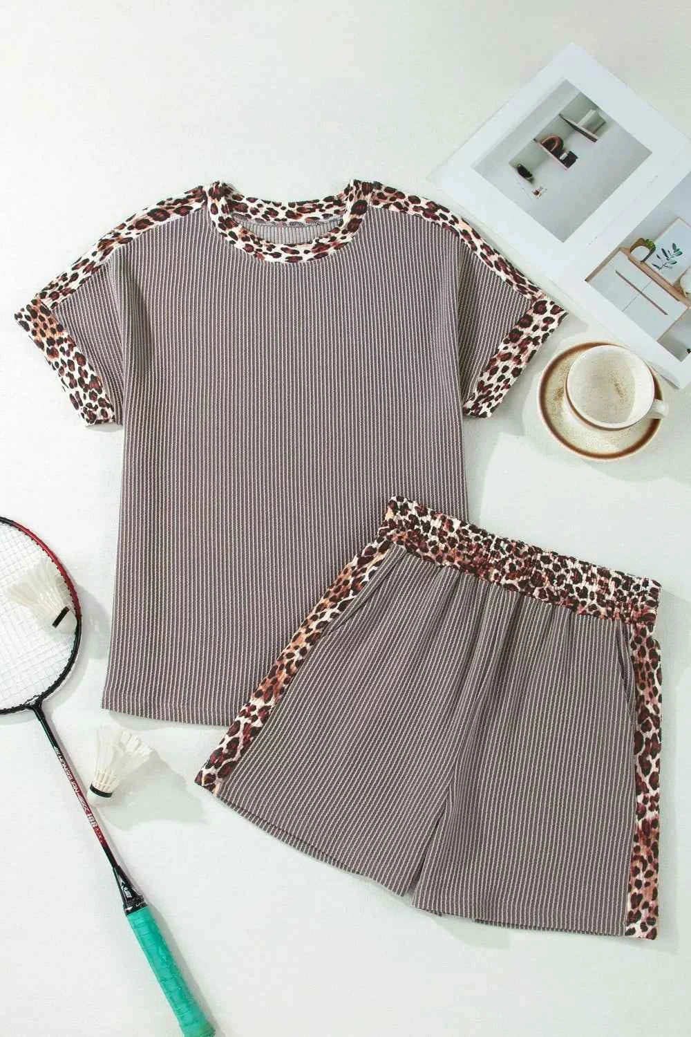Leopard Trim Ribbed Knit Tee and Shorts Set