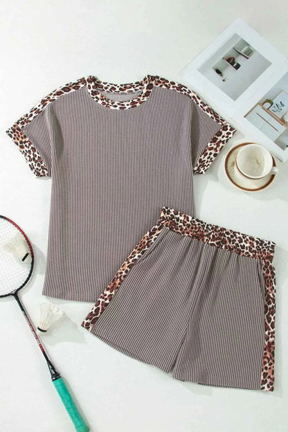 Leopard Trim Ribbed Knit Tee and Shorts Set