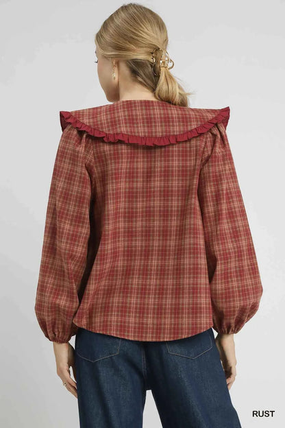 Umgee Full Size Plaid Ruffle Collar Blouse Plus Size