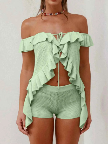 Off-Shoulder Ruffle Top and Shorts Sweater Set