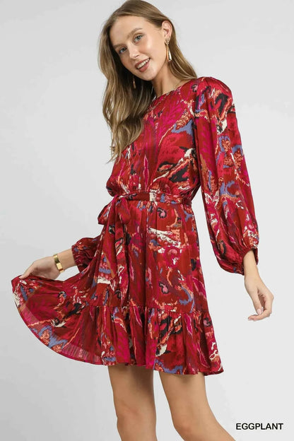 Umgee Ruffled Hem Printed Balloon Sleeve Dress