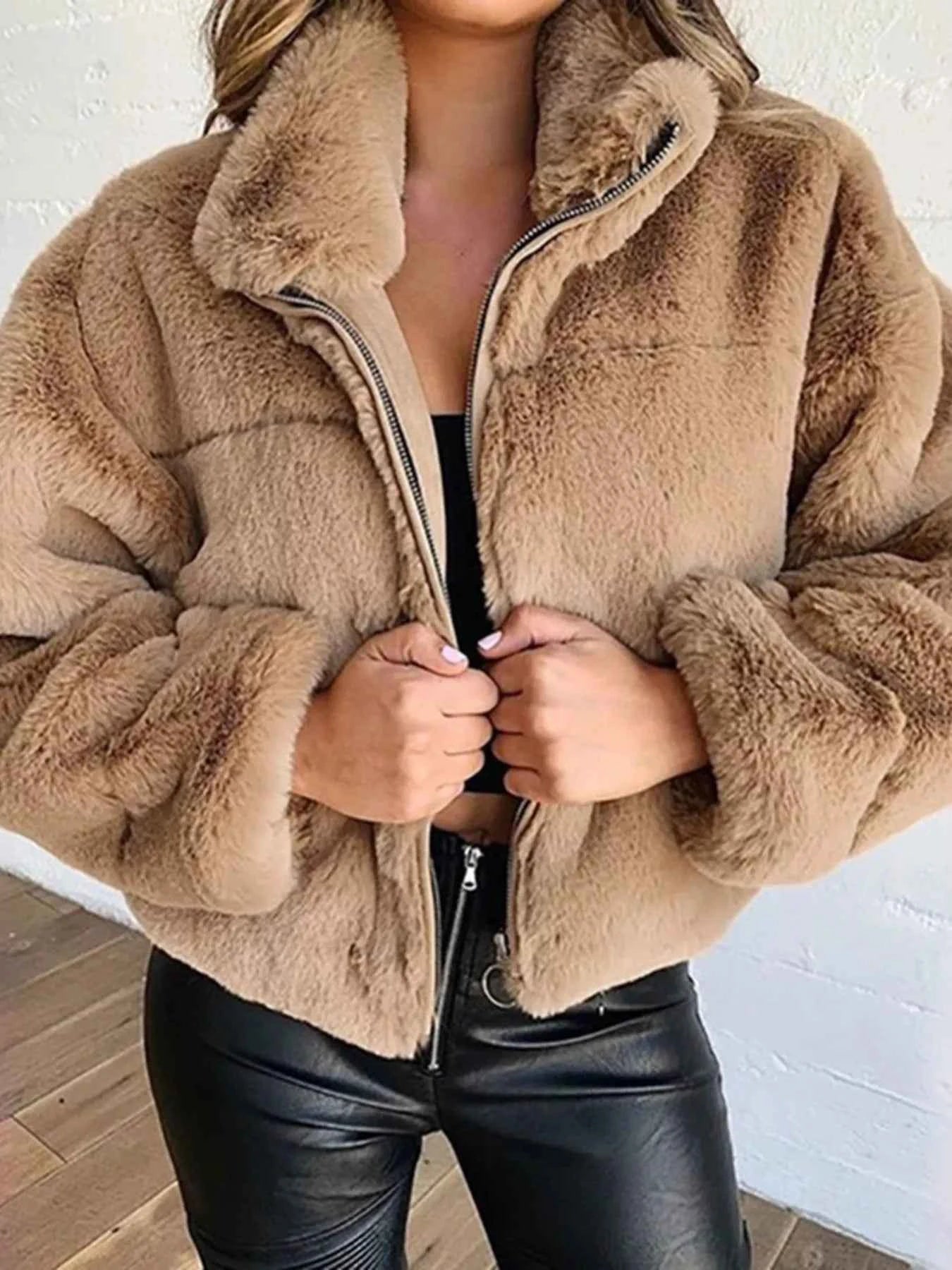 Full Size Faux Fur Cropped Zip-Up Jacket Plus Size