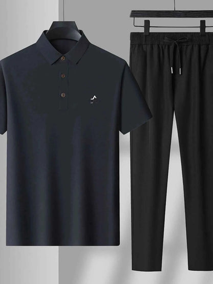 Men's Plus Size Button Detail Short Sleeve Polo and Pants Set