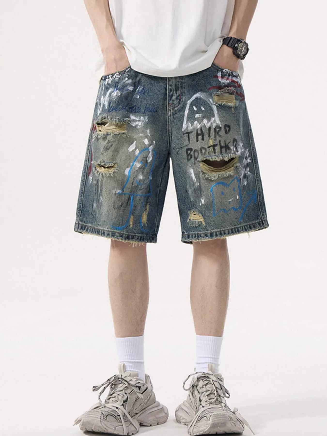 Men's Distressed Graffiti Denim Shorts
