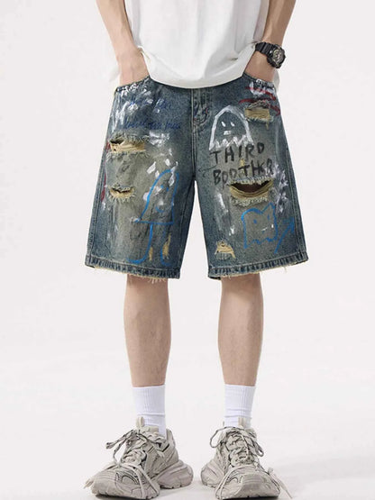 Men's Distressed Graffiti Denim Shorts