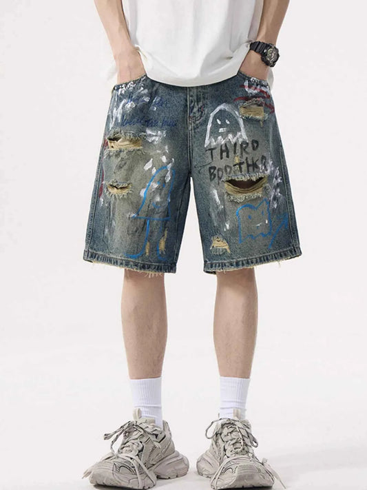 Men's Distressed Graffiti Denim Shorts