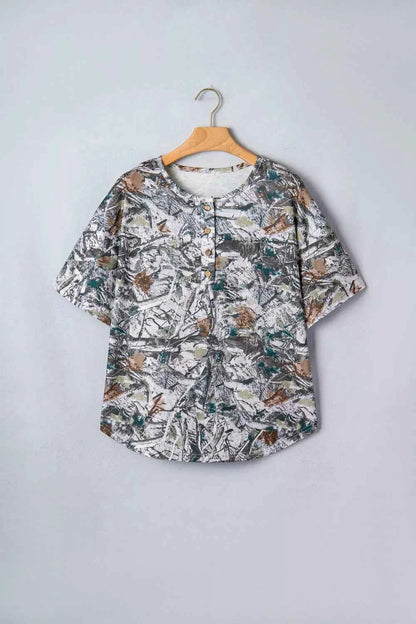 Abstract Woodland Print Tunic Henley T Shirt