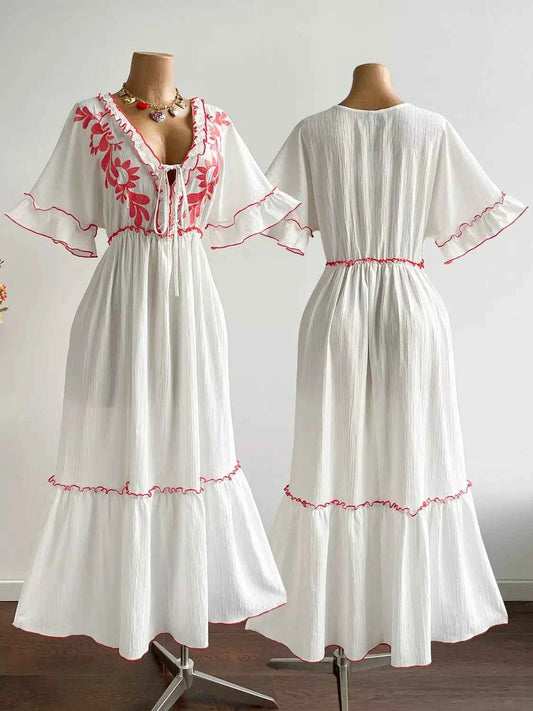 Plus Size Front Tie Maxi Dress with Floral Embroidered