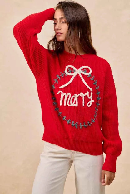 BiBi Christmas Wreath Merry Letter Knit Top
