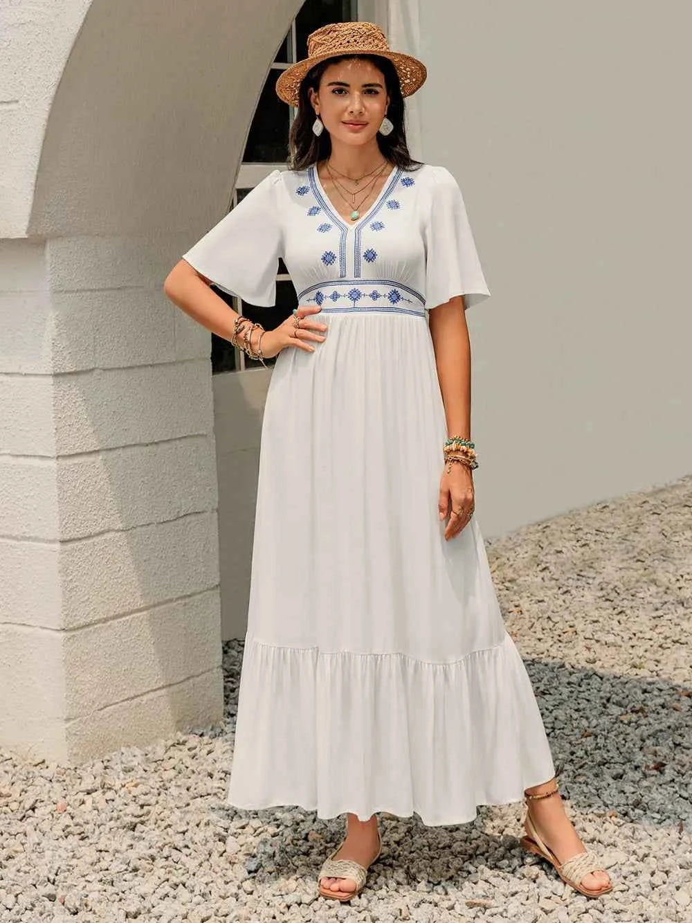 Ruffled Hem V-Neck Flutter Sleeve Dress
