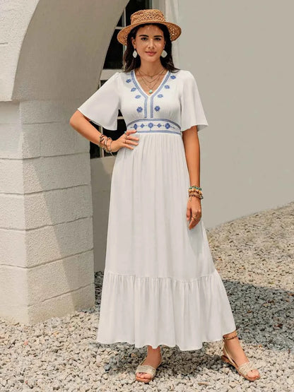 Ruffled Hem V-Neck Flutter Sleeve Dress