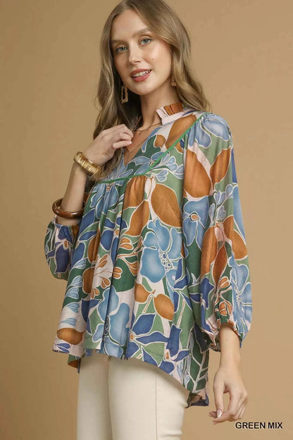 Umgee Multicolor Abstract Floral Print Blouse with Ruffle Neck