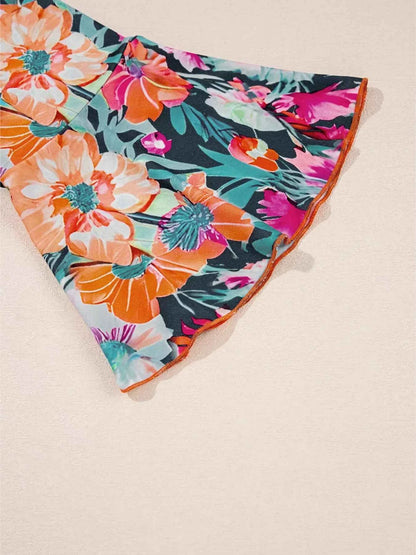 Floral 3/4 Flare Sleeve Tied Neck Blouse