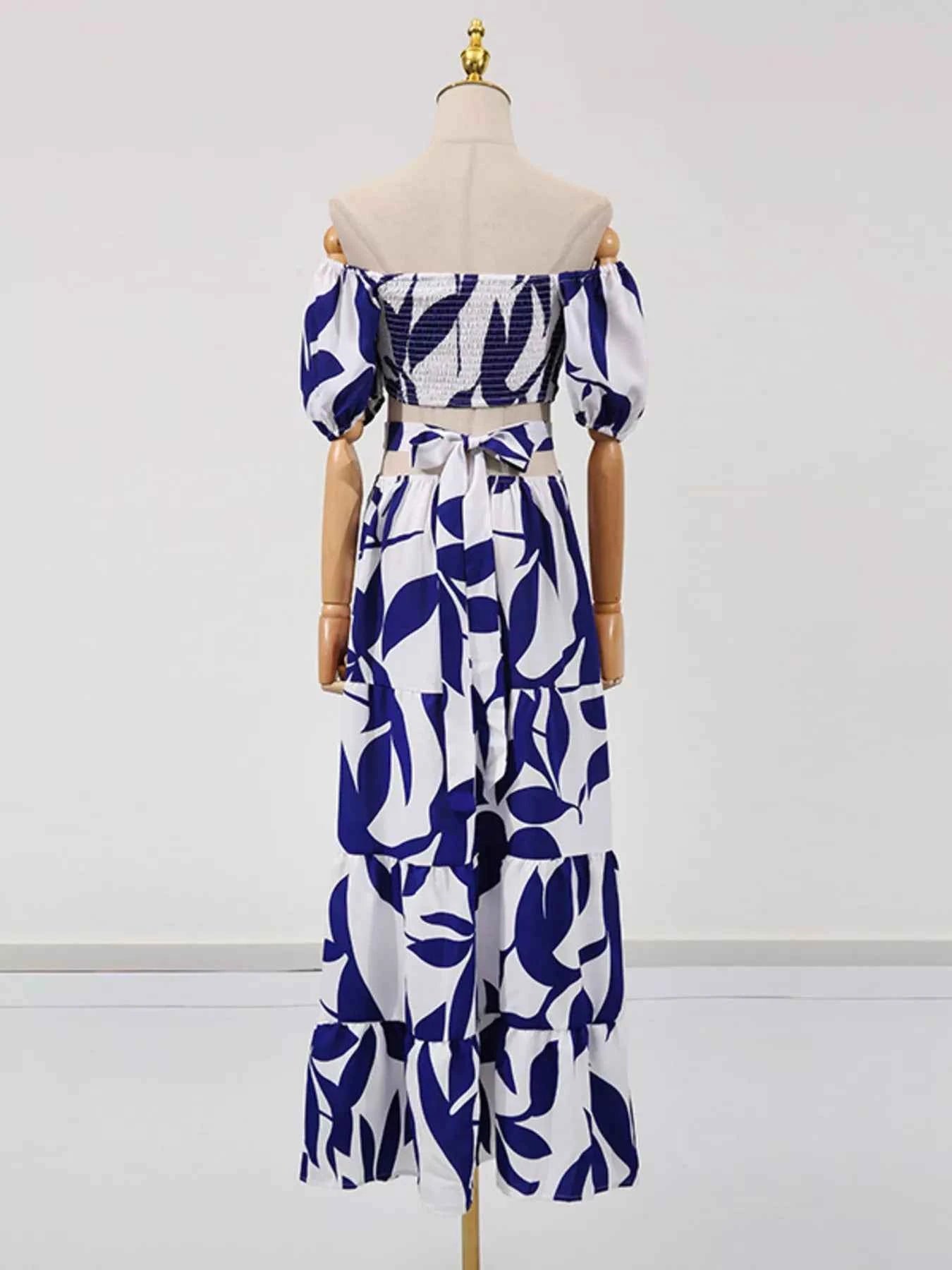 Off-Shoulder Cutout Leaf Print Maxi Dress