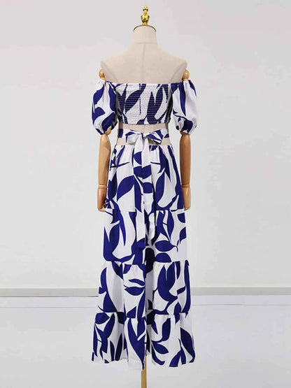 Off-Shoulder Cutout Leaf Print Maxi Dress