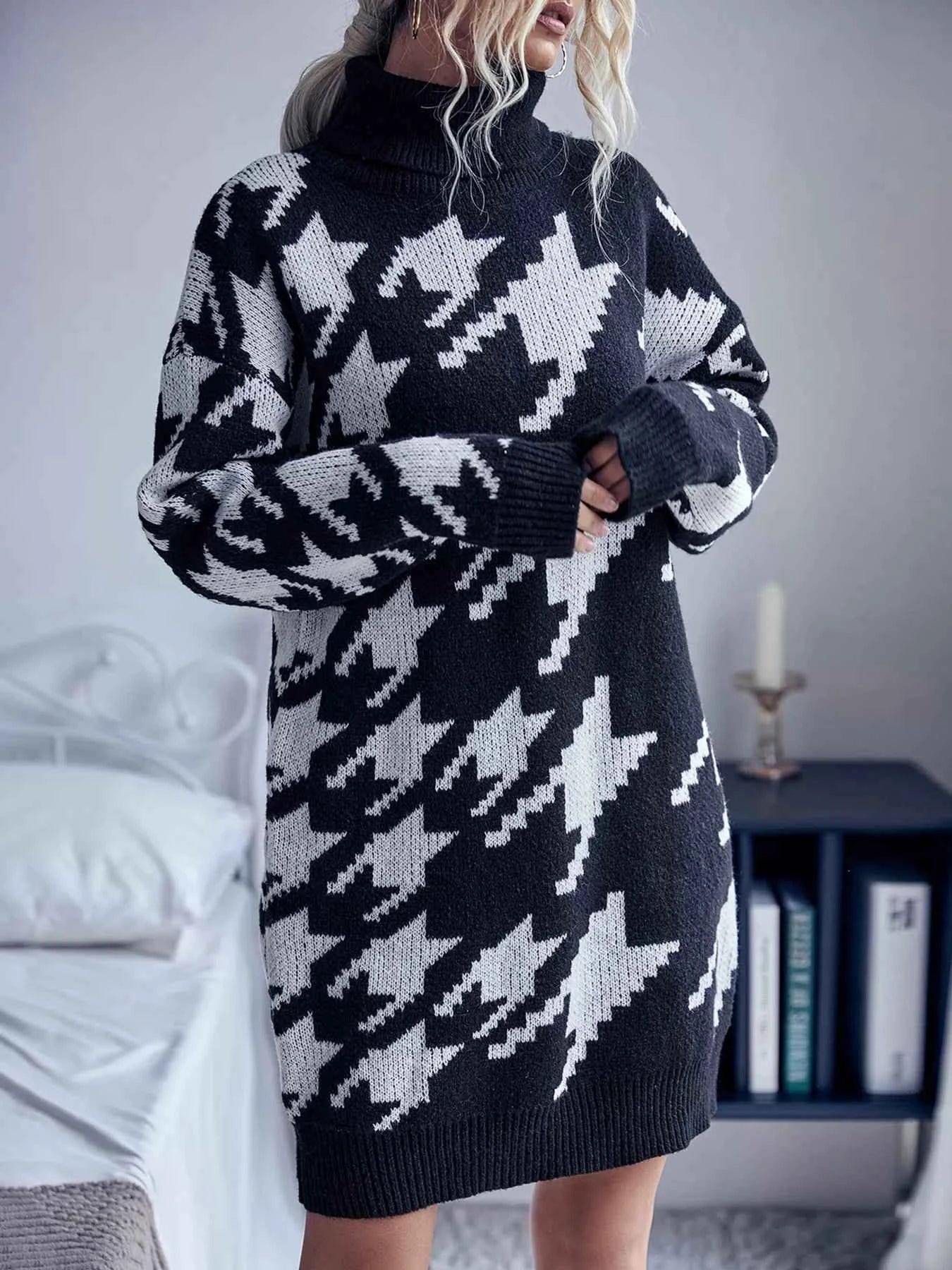 Houndstooth Pattern Turtleneck Sweater Dress