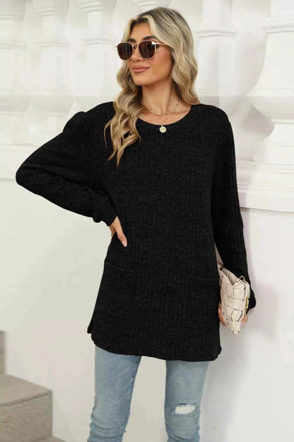 Long Sleeve Ribbed Knit Top with Front Pockets