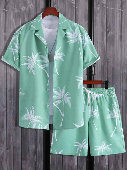 Men's Full Size Palm Print Button Up Shirt and Shorts Set Plus Size