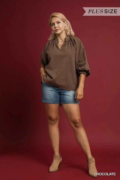 Umgee Full Size Textured Notched Balloon Sleeve Blouse Plus Size
