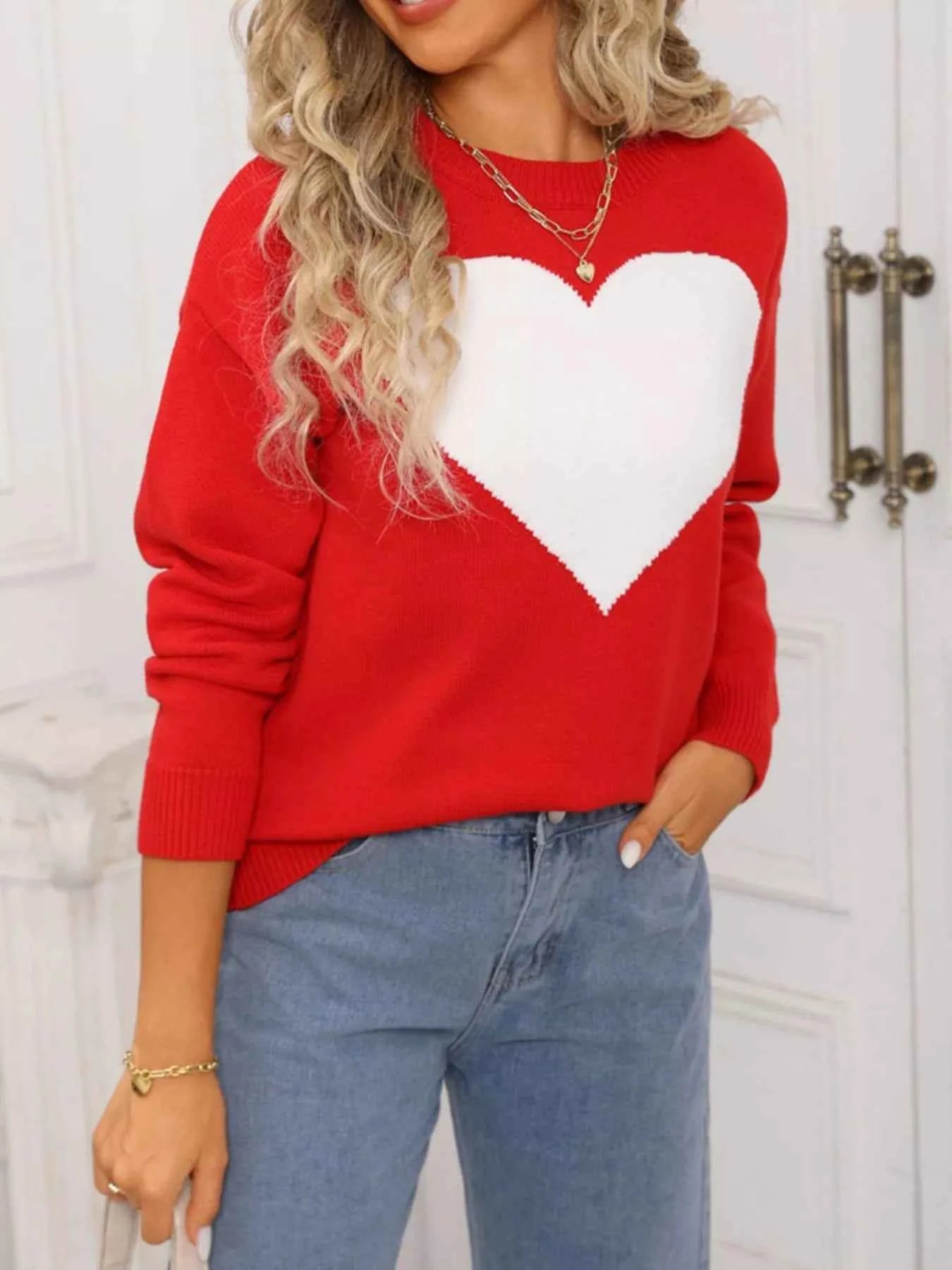 Valentine's Day Heart Round Neck Dropped Shoulder Sweater