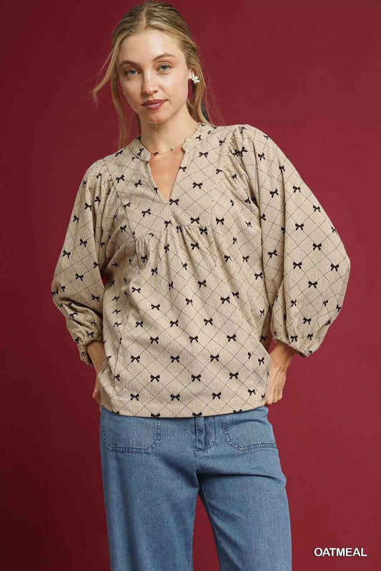 Umgee Corduroy Bow Print Balloon Sleeve Blouse