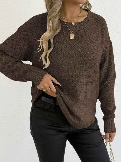 Textured Knit Relaxed Fit Round Neck Sweater