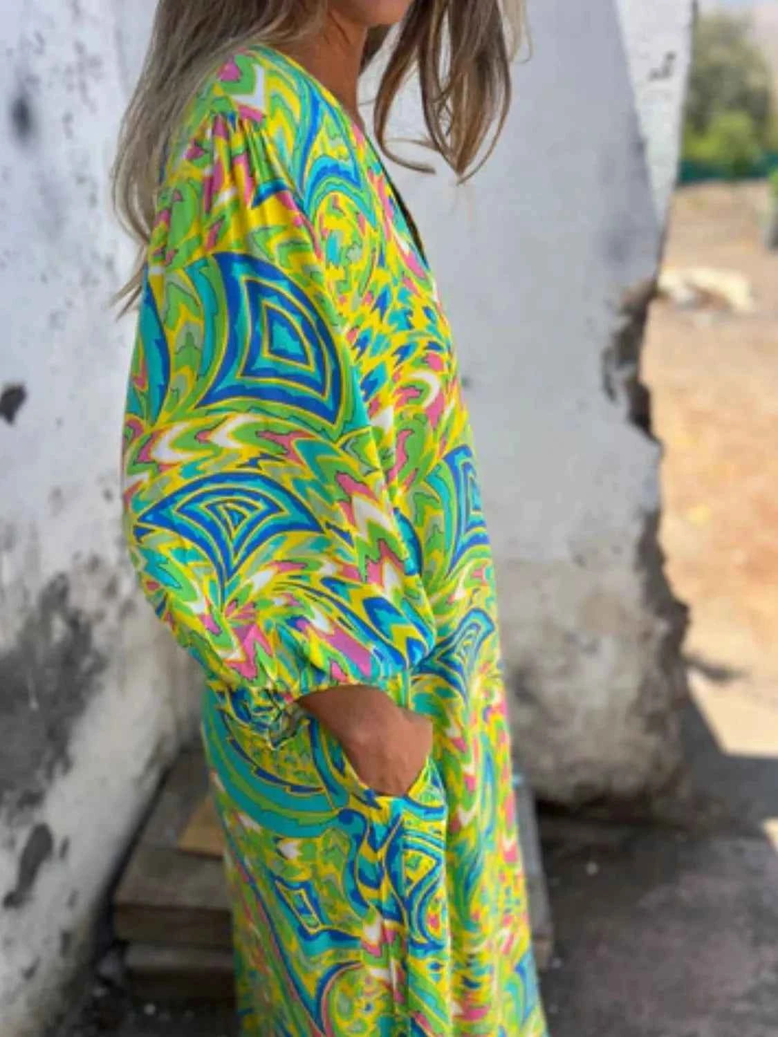 Full Size Printed V-Neck Dress with Pockets Plus Size