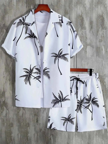 Men's Full Size Palm Print Button Up Shirt and Shorts Set Plus Size