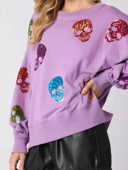Halloween Colorful Skull Sequin Oversized Sweatshirt