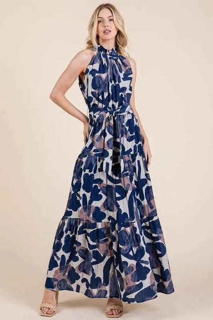 Lime 'N' Chili Abstract Halter Neck Tie-Waist Tiered Maxi Dress