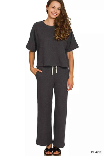 Zenana Raised Rib Short Sleeve Tee & Pants Set