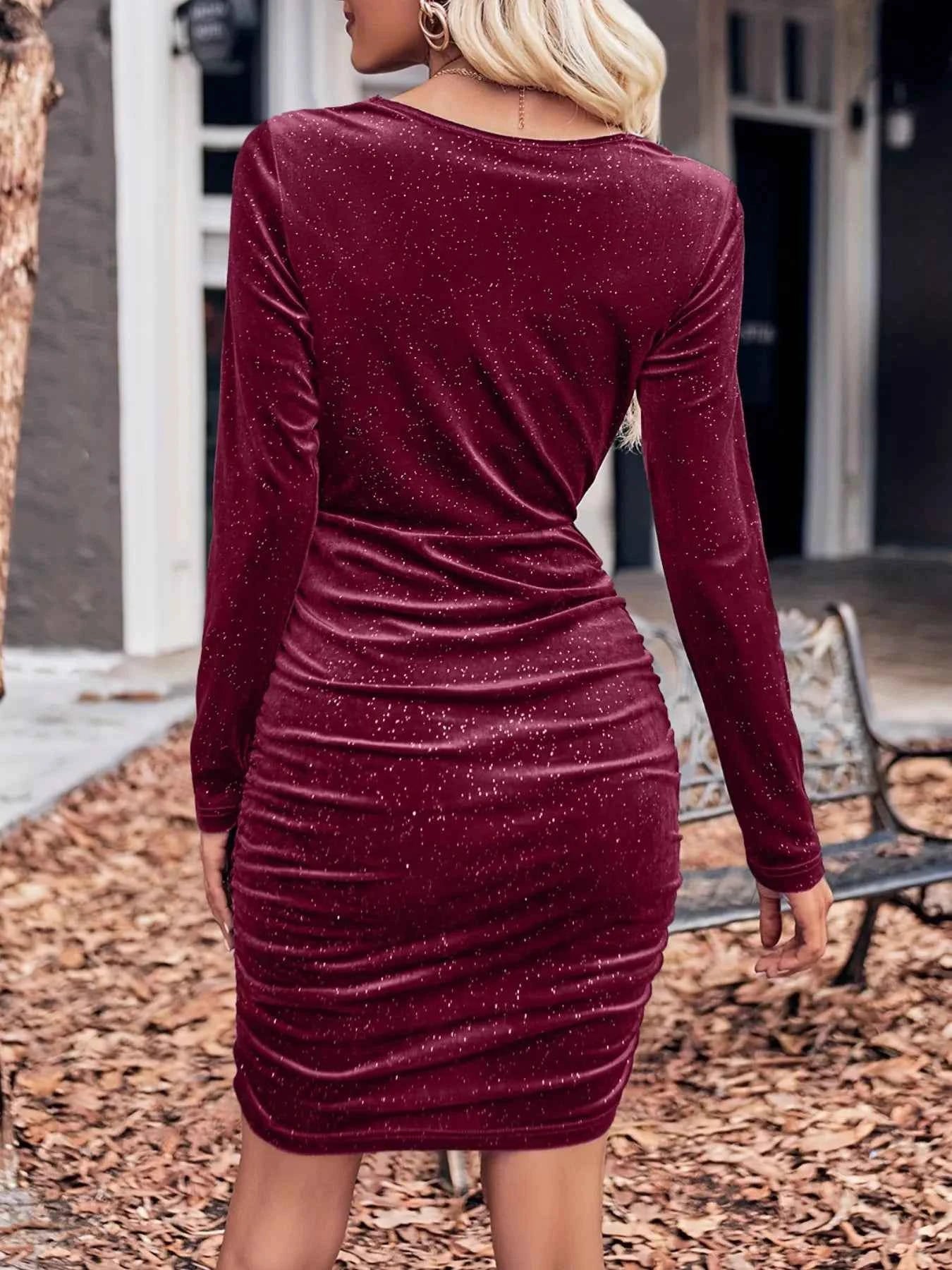 Velvet Cowl Neck Ruched Bodycon Dress
