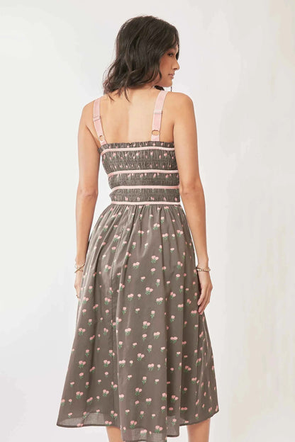 Davi & Dani Contrast Velvet Tape Smocking Bodice Midi Dress