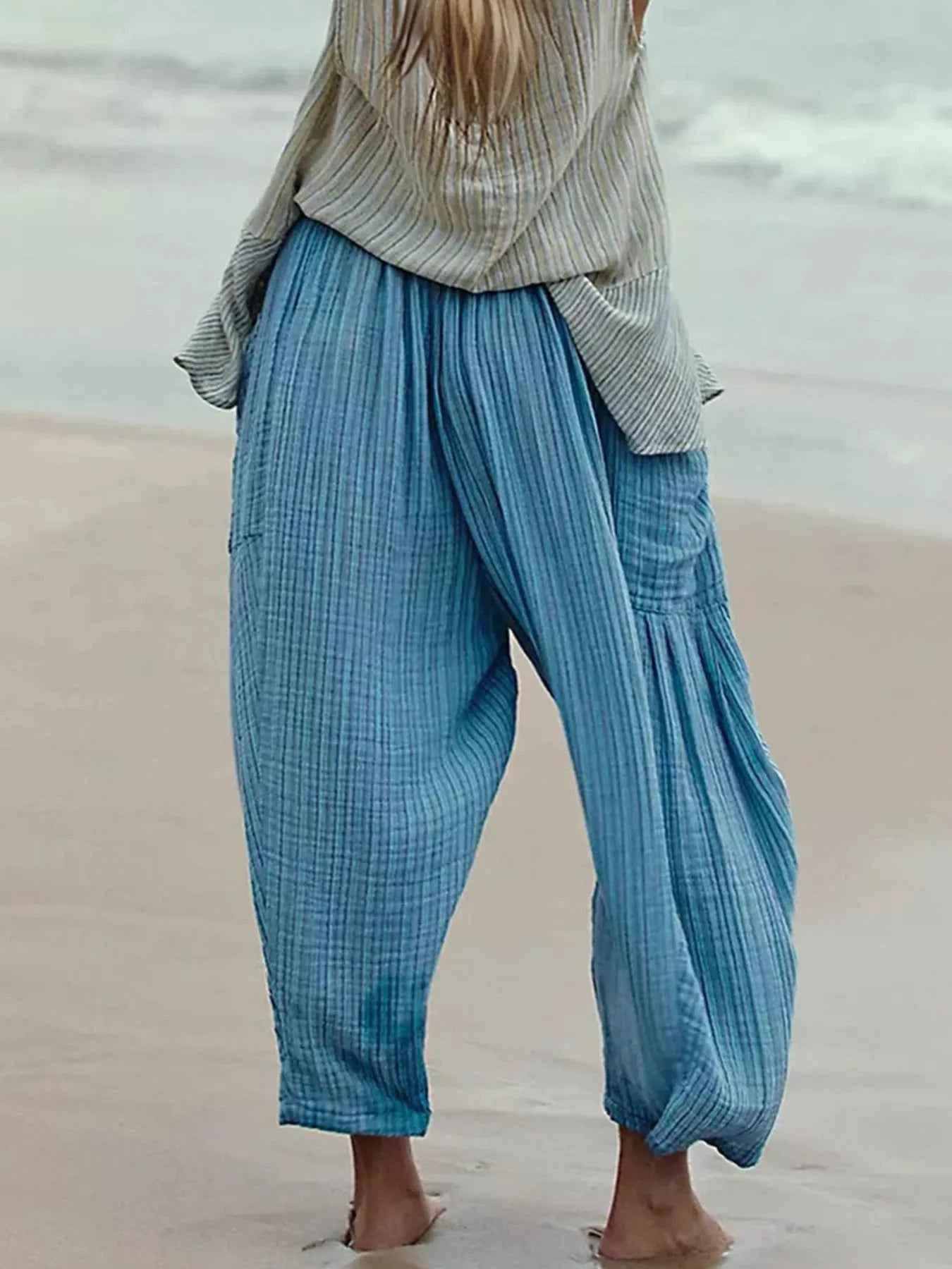 Full Size Striped Wide Leg Casual Pants Plus Size