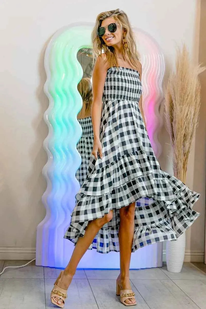 BiBi Smocked Body Off Shoulder Check Dress