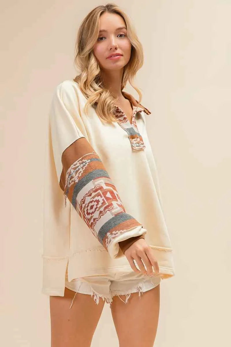 BiBi French Terry Knit and Aztec Print Mixed Top