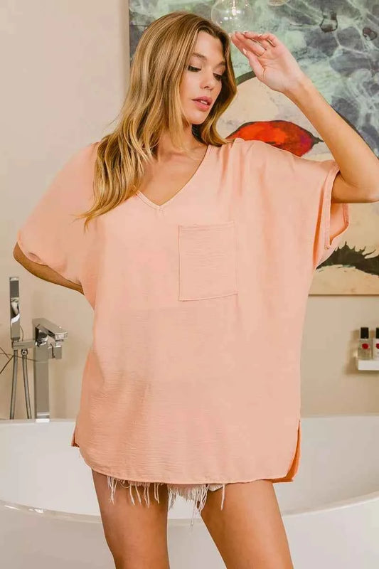BiBi Woven V Neck Hi-low Boxy Top With Front Pocket