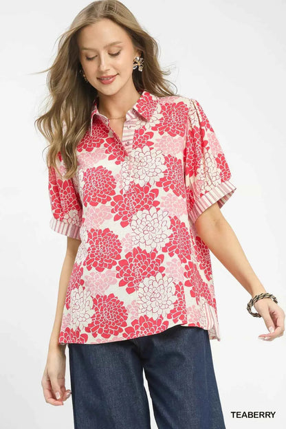 Umgee Floral Collared Short Sleeve Blouse