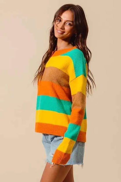SO ME Multi Color Stripe Sweater with Ribbed Detail