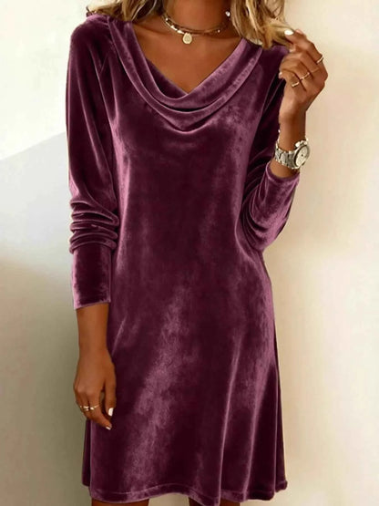 Velvet Cowl Neck Long Sleeve Mini Dress