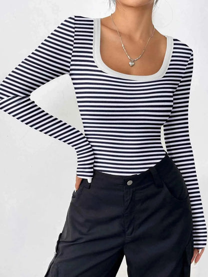 Striped Long Sleeve Scoop Neck T-Shirt