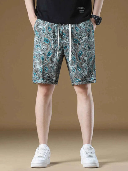 Men's Plus Size Paisley Print Drawstring Beach Shorts