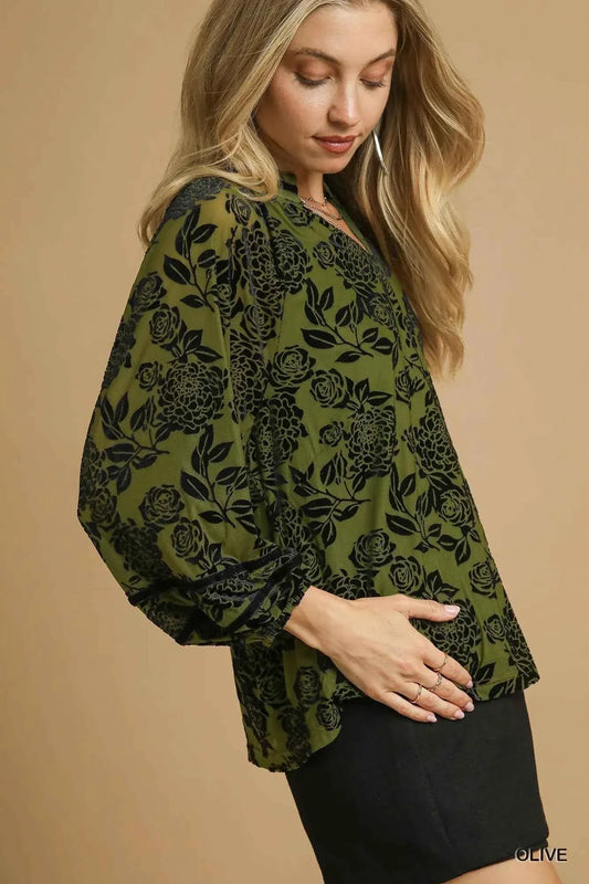 Umgee Full Size Floral Velvet Blouse with Balloon Sleeves Plus Size